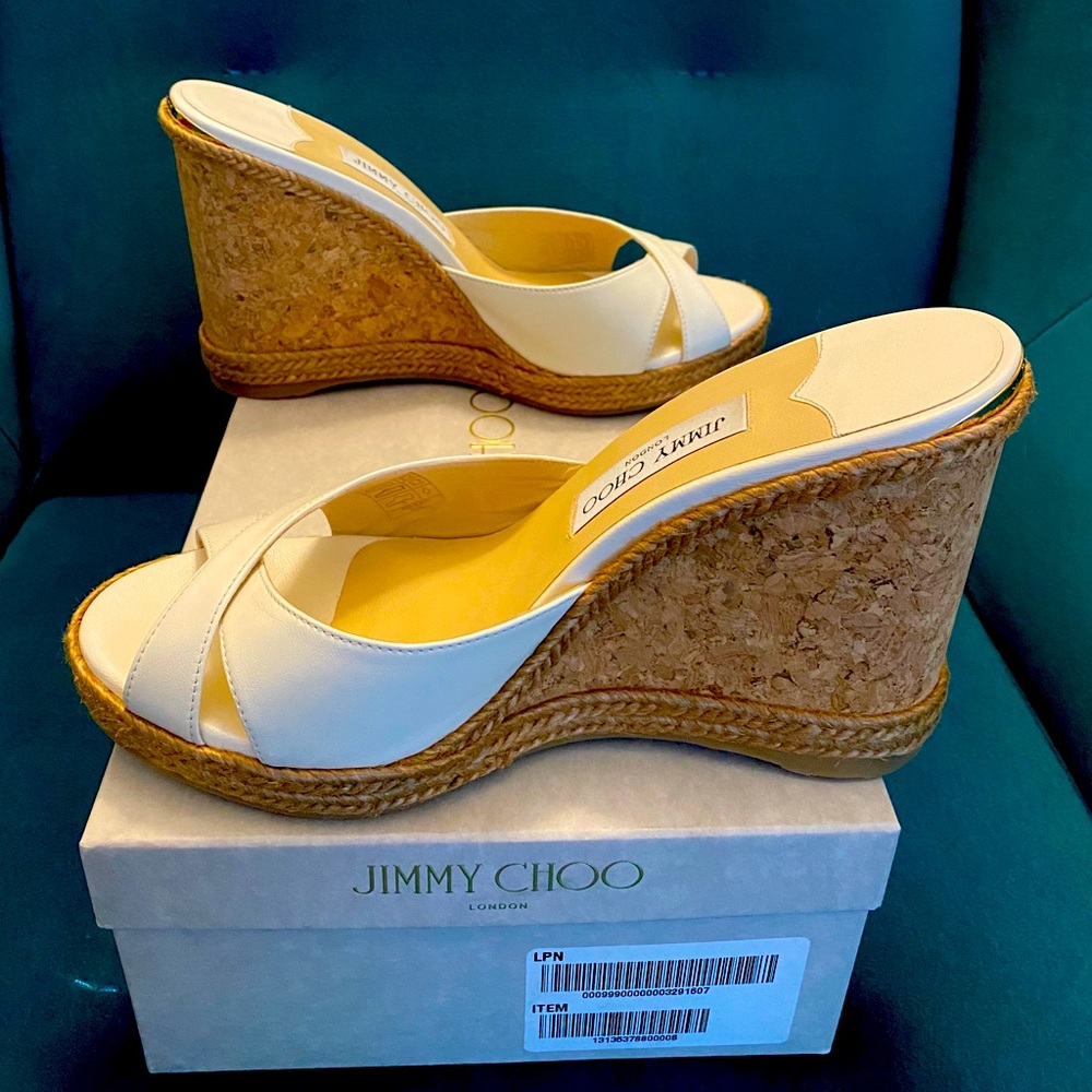 Jimmy Choo Almer 105 Chalk Leather Wedge Sandals – EU 40.5 (Fits US 9 - 10)